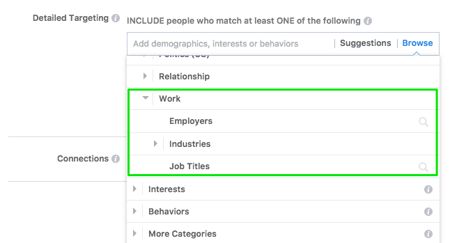 Opção de segmentação por "empregador" dos Anúncios do Facebook