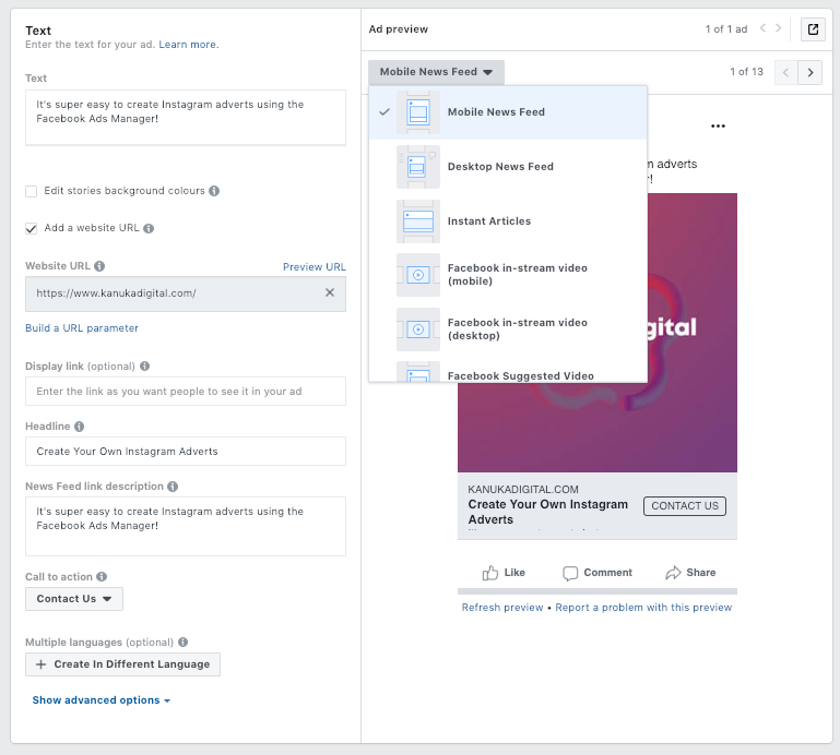Feed de notícias do gestor de anúncios do Instagram