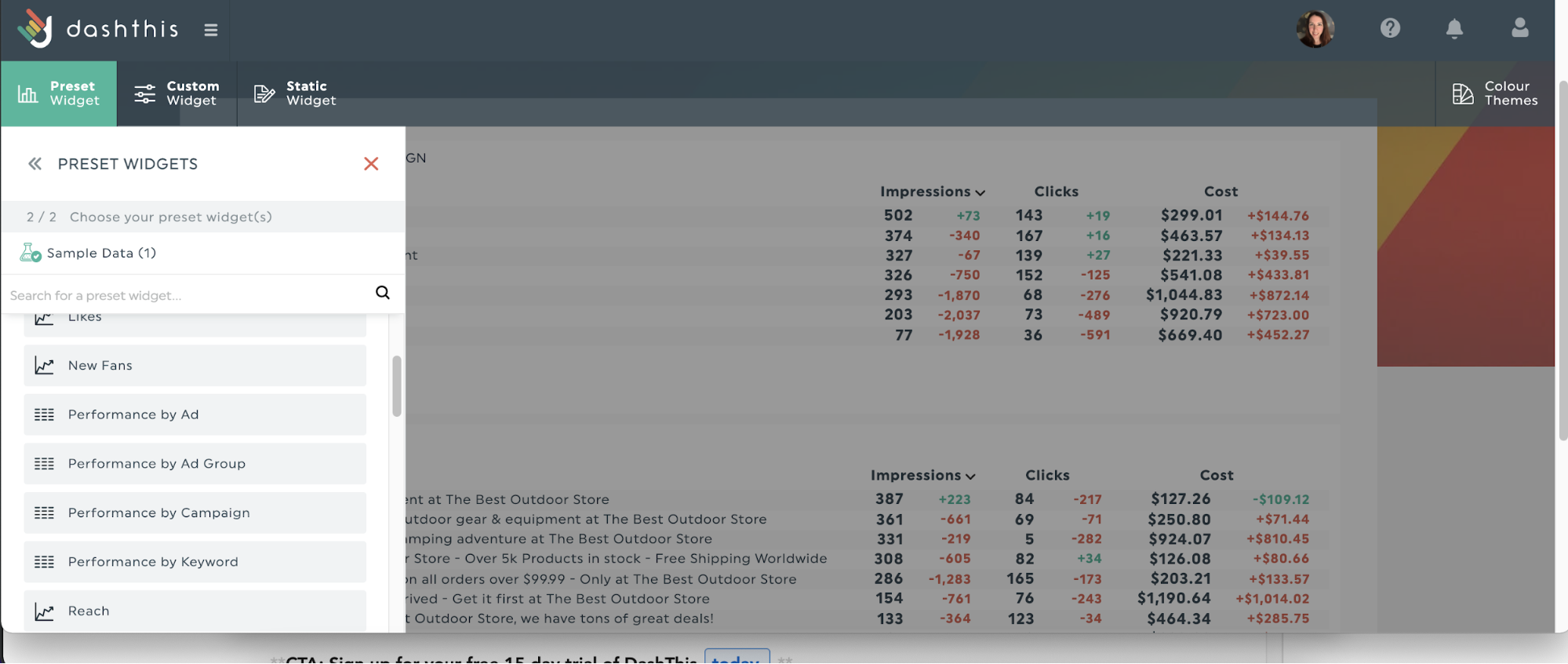 widgets predefinidos dashthis