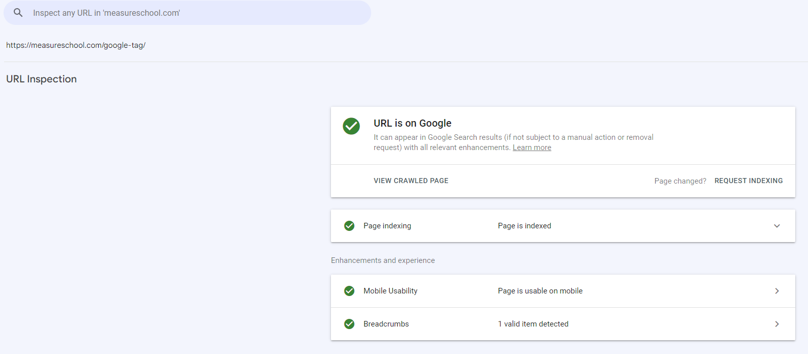 Ferramenta de inspeção de URL na Consola de Pesquisa do Google