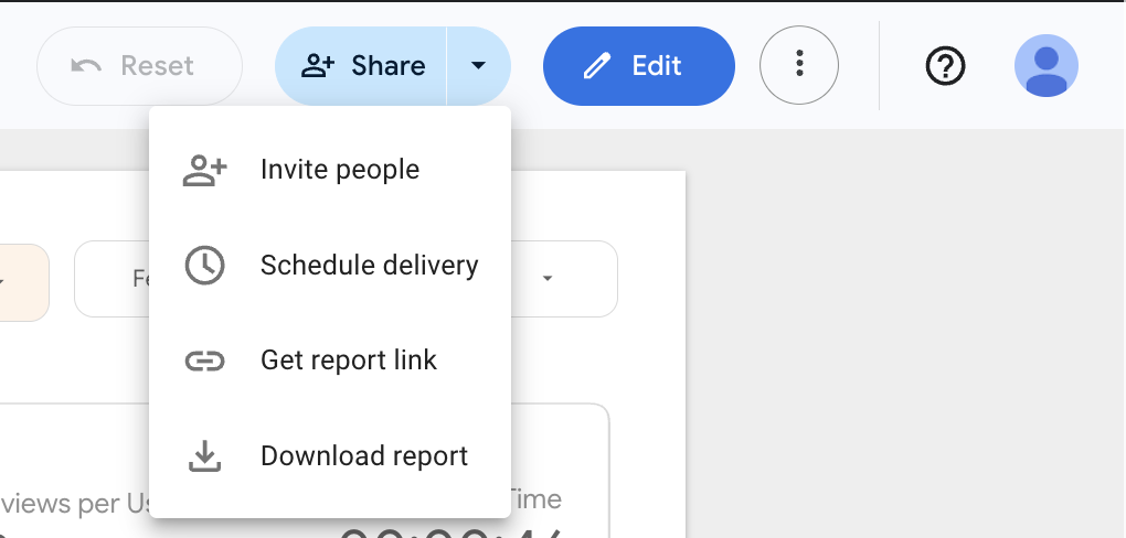 Opções de partilha de relatórios do Looker Studio