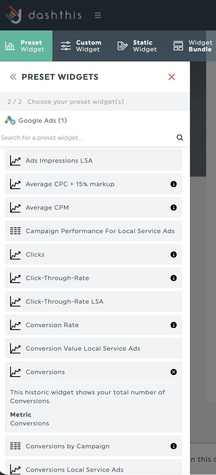 widgets predefinidos dashthis