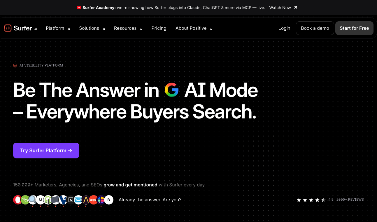 Página inicial do Surfer, que posiciona a plataforma como uma ferramenta de visibilidade de IA para o Modo IA do Google