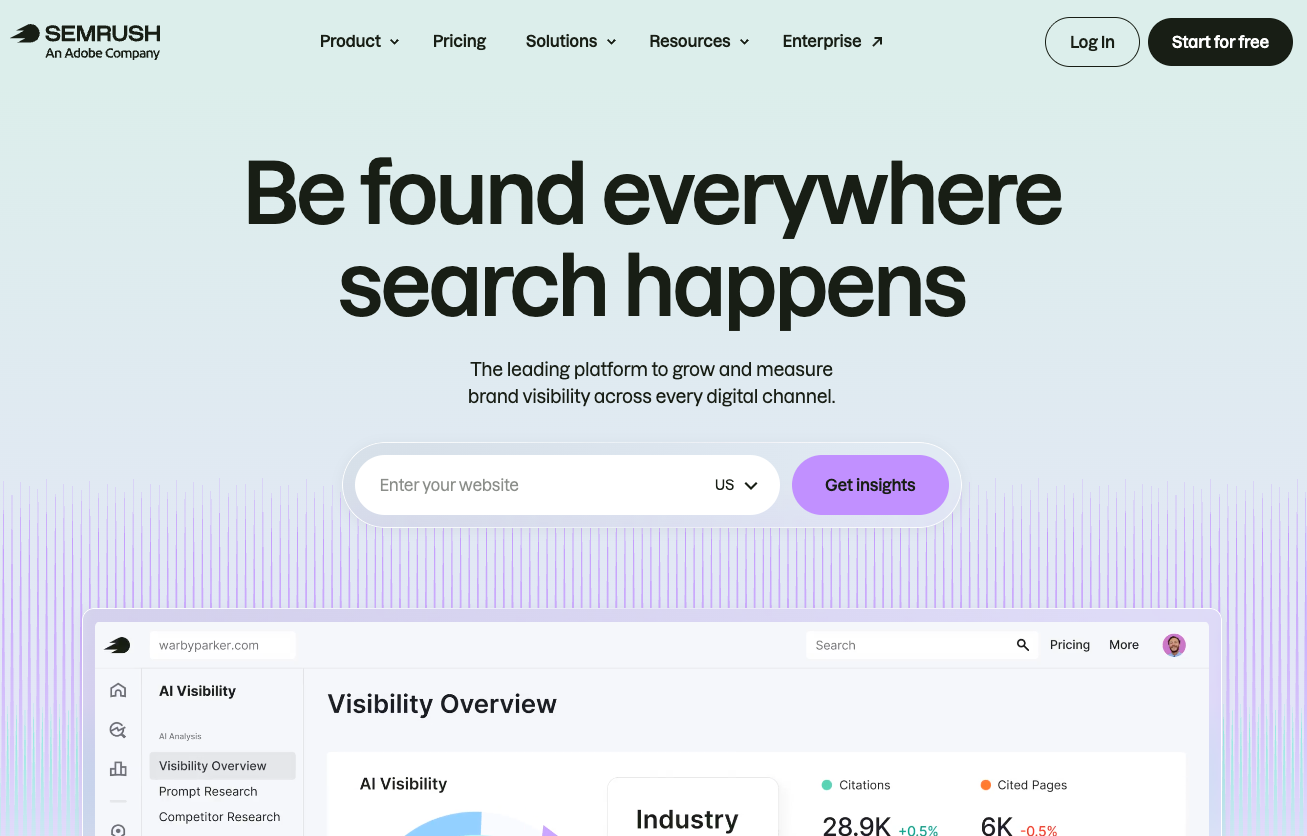 Página inicial da Semrush, apresentando a sua «Visão Geral da Visibilidade com IA», com menções à marca e citações