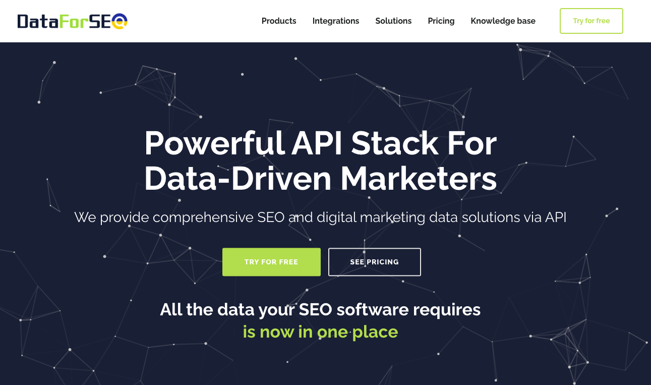Página inicial da DataForSEO, que apresenta o seu conjunto de APIs de dados de SEO e marketing