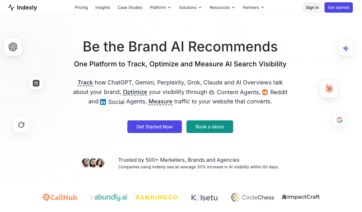Página inicial do Indexly, que apresenta o acompanhamento da visibilidade de pesquisa com IA no ChatGPT, no Gemini e no Perplexity