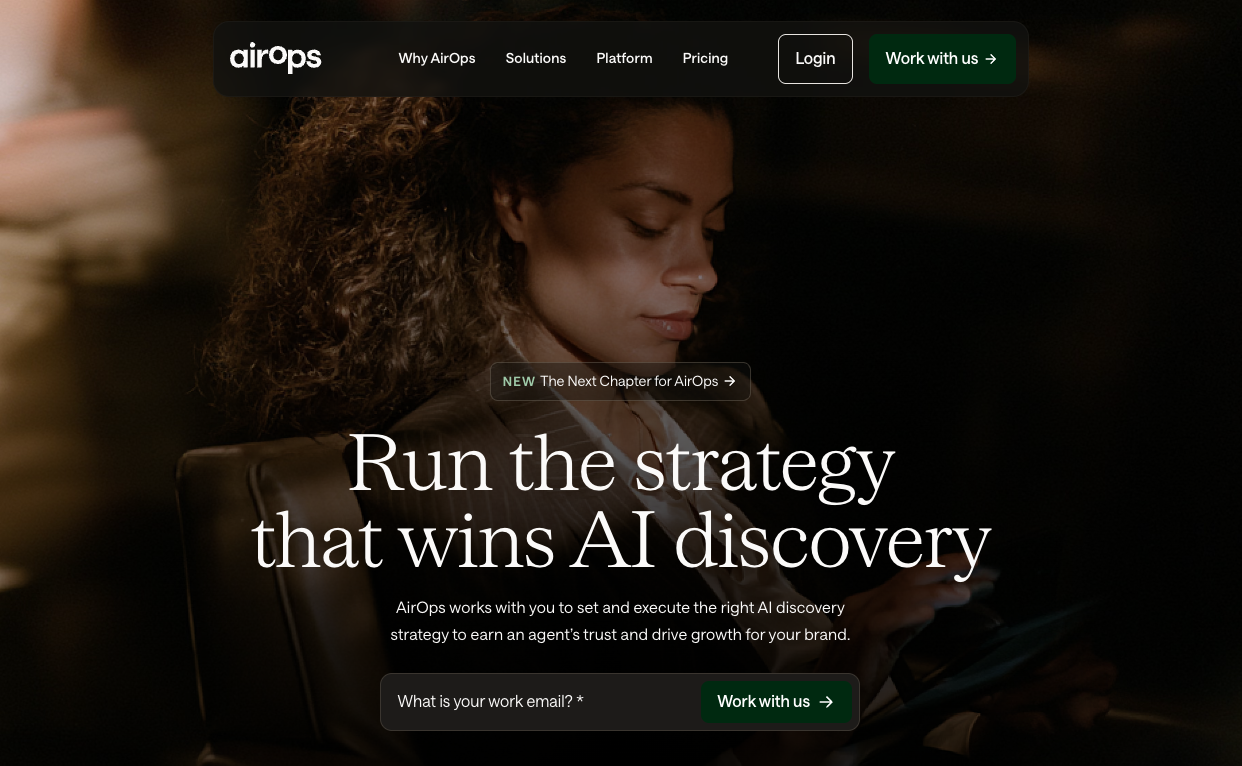 Página inicial da AirOps que promove a execução da estratégia de descoberta baseada em IA para marcas